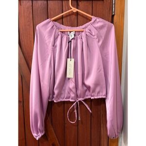 Rachel Zoe Women Lilac Purple Satin Long Sleeve Cropped Drawstring Blouse NWT